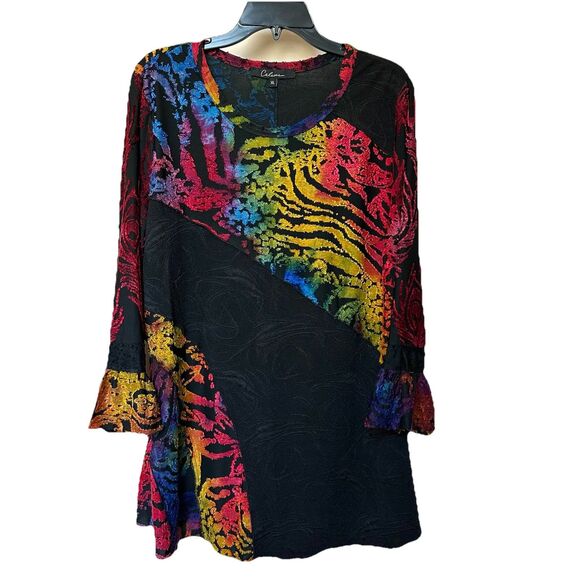 Calessa Top Womens XL Tunic Textured 3/4 Sleeve Artsy Burnout Mix Media Colorful - Picture 1 of 6